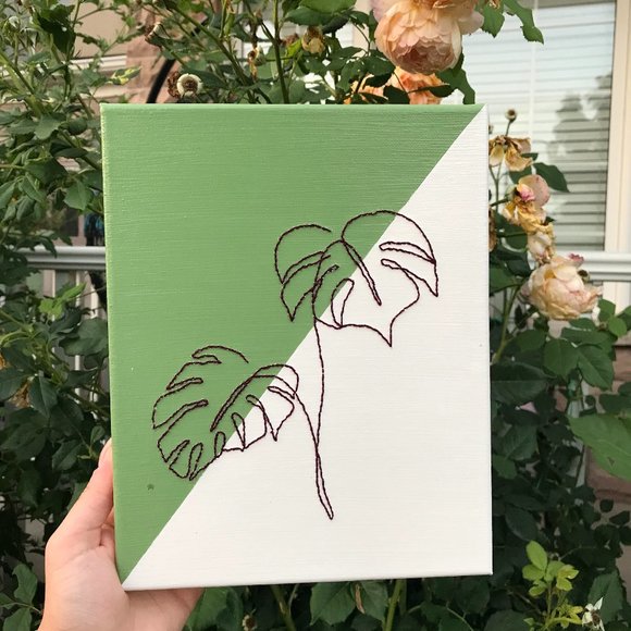 Handmade Embroider Canvas with Leaf Design. Canvas painting with embroidery. Emb - Picture 1 of 2